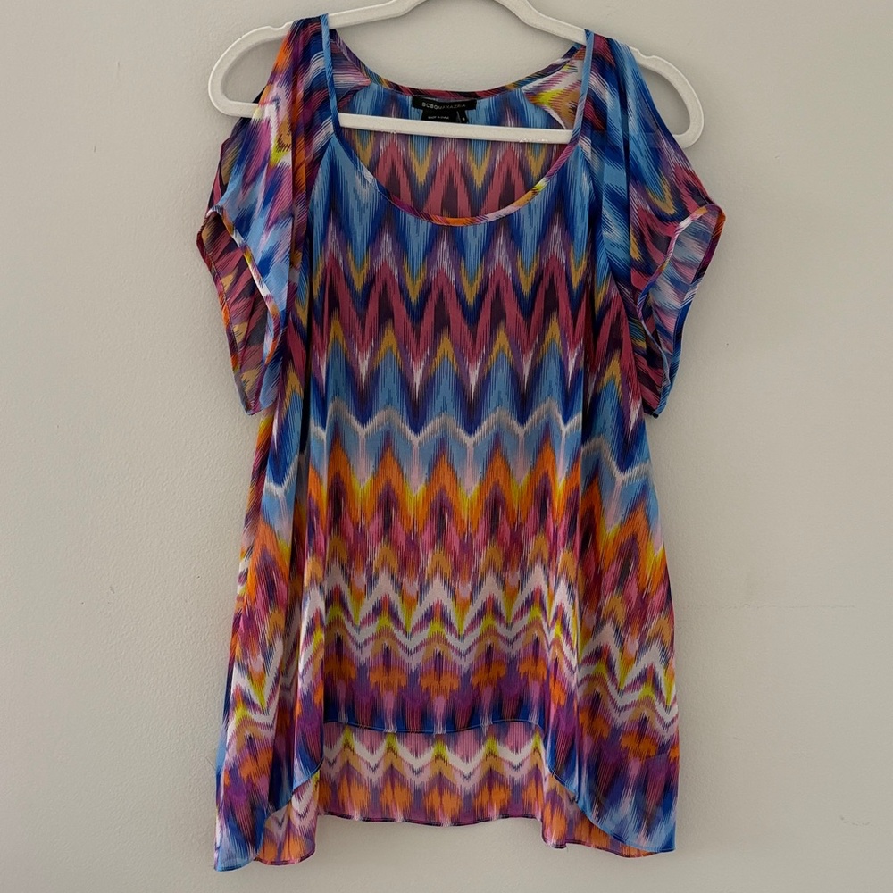 BCBG Maxazria Women Small Multicolor Chevron Sheer Tie Dye Asymmetrical Top